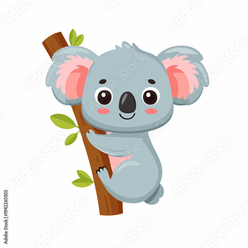 Adorable cartoon koala climbing a tree branch surrounded by leaves in a serene forest environment from a front viewpoint