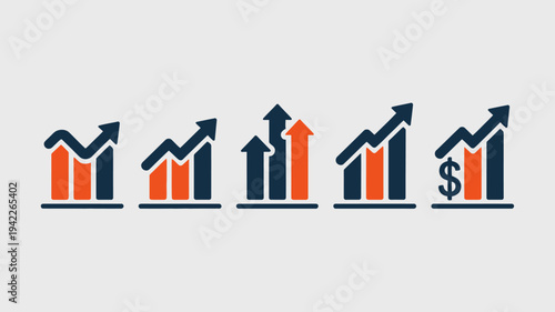 Business graphs and charts icons, Growing graph set. Business chart with arrow. Growths chart collection. Profit growing symbol. Progress bar, silhouette icon for growth, business, finance, analytics

