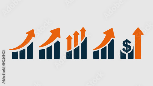Business graphs and charts icons, Growing graph set. Business chart with arrow. Growths chart collection. Profit growing symbol. Progress bar, silhouette icon for growth, business, finance, analytics
