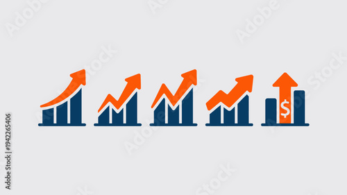 Business graphs and charts icons, Growing graph set. Business chart with arrow. Growths chart collection. Profit growing symbol. Progress bar, silhouette icon for growth, business, finance, analytics
