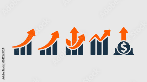 Business graphs and charts icons, Growing graph set. Business chart with arrow. Growths chart collection. Profit growing symbol. Progress bar, silhouette icon for growth, business, finance, analytics
