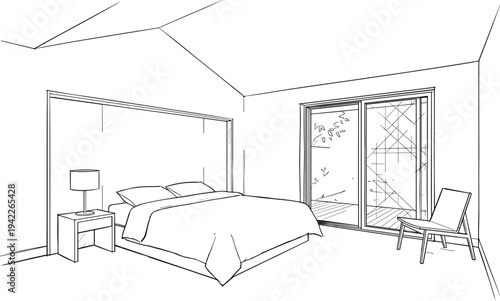 Modern minimalist bedroom interior perspective featuring platform bed, sliding glass balcony door, and contemporary lounge chair.