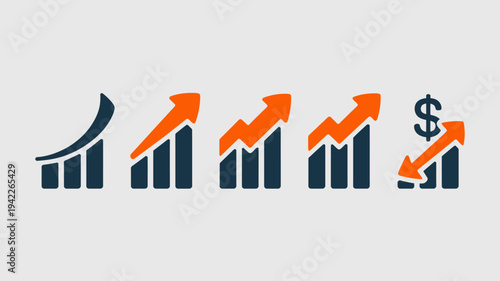 Business graphs and charts icons, Growing graph set. Business chart with arrow. Growths chart collection. Profit growing symbol. Progress bar, silhouette icon for growth, business, finance, analytics
