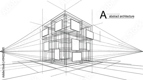 Modern modular cubic pavilion architectural wireframe with two point perspective grid lines for futuristic exhibition design concepts.