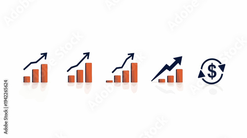 Business graphs and charts icons, Growing graph set. Business chart with arrow. Growths chart collection. Profit growing symbol. Progress bar, silhouette icon for growth, business, finance, analytics
