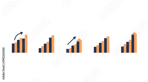 Business graphs and charts icons, Growing graph set. Business chart with arrow. Growths chart collection. Profit growing symbol. Progress bar, silhouette icon for growth, business, finance, analytics
