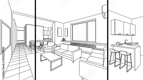 Modern residential apartment study featuring a triptych layout of an entrance corridor, central living and dining area, and a minimalist kitchen suite.