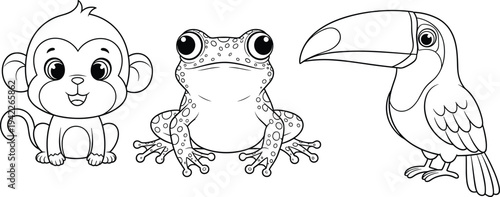 Cute Jungle Animals Coloring Page for Kids featuring Kawaii Monkey Frog and Toucan Bird Characters in Simple Line Art Vector