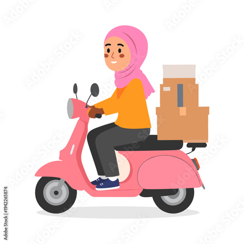 Woman Wearing Hijab Riding Pink Scooter.