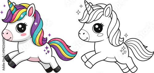Cute Unicorn Coloring Page with Color Example featuring an Adorable Magical Pony with Rainbow Mane and Sparkles in Line Art