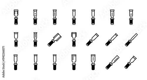 Collection of variously oriented light bulbs in a grid pattern on a plain background viewed from directly above