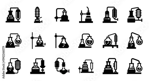 Collection of Laboratory Equipment Icons Featuring Microscopes and Various Scientific Instruments
