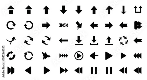 Collection of various black icons representing different directions and media controls on a plain background viewed from a straightforward perspective