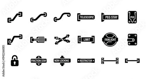 Collection of various black icons representing different tools and symbols on a white background viewed from a straightforward perspective