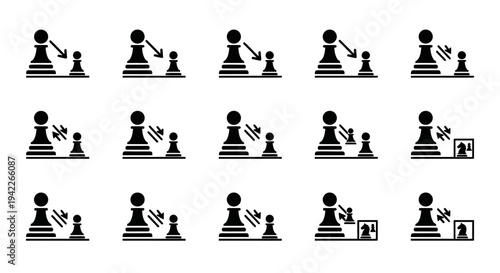 Set of chess pieces in various positions on a board, viewed from directly above, showcasing different stages of a game