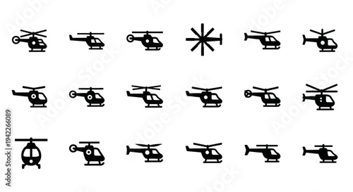 Collection of various helicopter icons arranged in a grid pattern on a clean background viewed from directly above