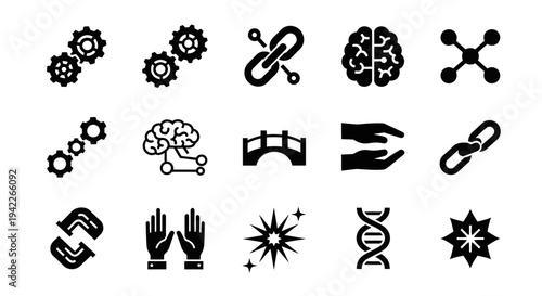 Collection of black icons representing science and technology concepts, including gears, brain, DNA, and molecular structures, displayed on a clean background from a straightforward viewpoint