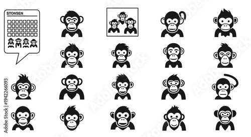 Collection of diverse monkey faces in various expressions and hairstyles displayed in a grid pattern.