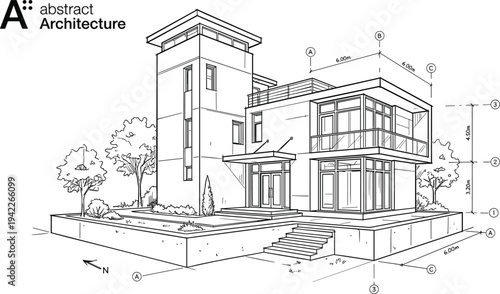Professional architectural perspective of a modern multi-story villa featuring a vertical tower element, glass facades, and technical BIM annotations for site planning and measurement.