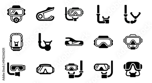 Collection of diving gear icons displayed on a white background from a straightforward viewpoint