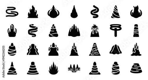 Collection of Various Black Silhouette Icons Representing Different Landforms and Natural Elements in a Grid Layout