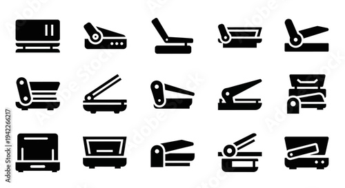 Collection of various industrial machinery parts and equipment icons displayed in a grid layout