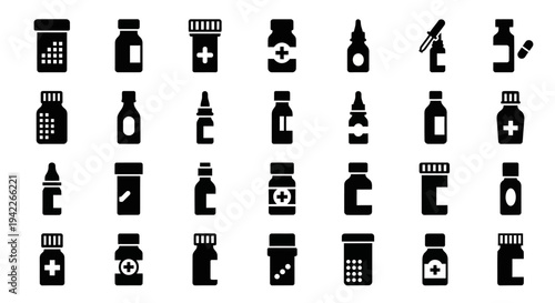 Collection of Medical Icons Representing Various Health and Medication Symbols in a Grid Layout