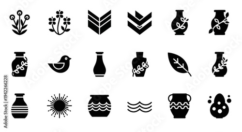 Collection of black silhouettes representing various vases and decorative elements on a plain background