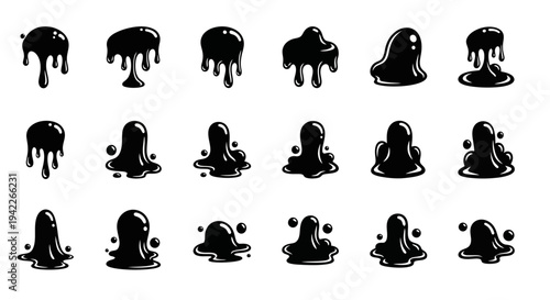 Collection of various black ghost silhouettes in different poses and shapes on a clean background
