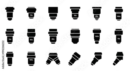 Collection of camera lenses displayed on a clean white background from a straightforward viewpoint showcasing various lens types and designs