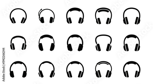 Collection of various headphone designs displayed in a grid pattern on a clean background