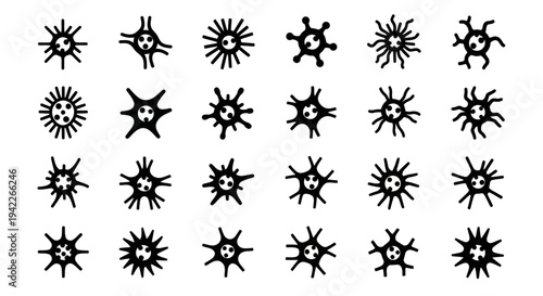 Collection of various black virus and bacteria illustrations on a white background viewed from directly above