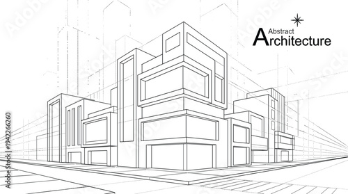 Professional architectural wireframe of a stacked modular urban building featuring interlocking rectangular volumes and a city street grid