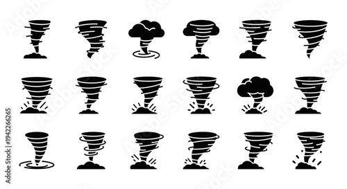 Tornado Illustrations Showcasing Various Stages and Forms of Twisters in a Grid Layout