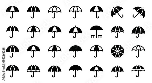 Collection of various black umbrella icons in different styles and designs on a clean background
