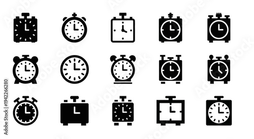Collection of various alarm clock icons displayed on a clean white background from a straightforward viewpoint