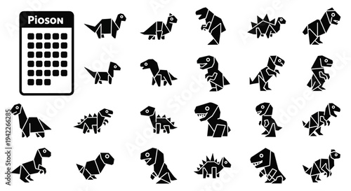 Collection of dinosaur icons in various poses displayed alongside a poison symbol grid on a clean background viewed from directly above