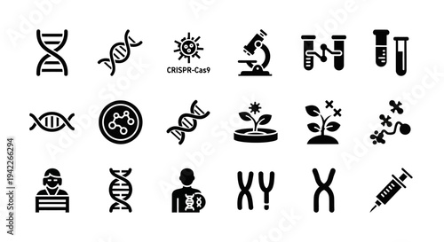 Collection of genetic and scientific symbols representing biotechnology and research in a simple illustration style