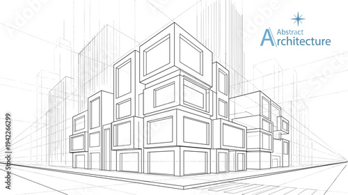 Professional architectural wireframe of a stacked modular urban building with interlocking rectangular volumes and city street perspective