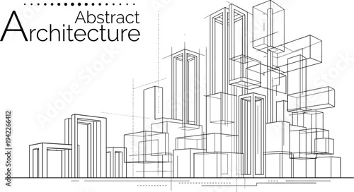 Professional architectural wireframe of modular cubic volumes and vertical frames for abstract city building background