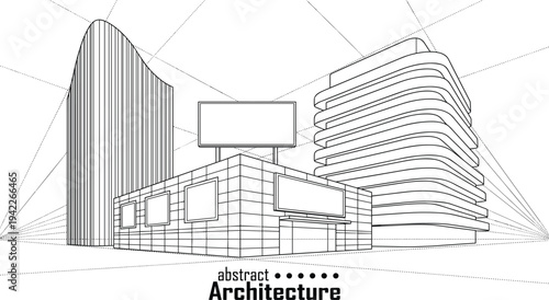 Professional architectural wireframe of organic curvilinear skyscrapers and commercial buildings with billboard facades and wide-angle perspective grid