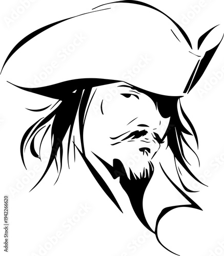 Hand Drawn Male Pirate Black and White Avatar Illustration in Minimal Line Art Style Design