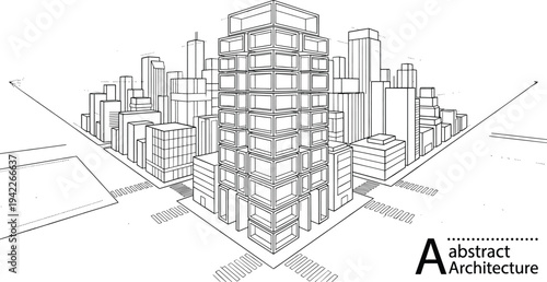 Professional black vector architecture illustration of a dense metropolitan city block with high-rise towers and perspective guides