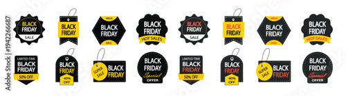 Black Friday Sale Ribbon Banner and Price Tag Collection Vector, Discount Labels and Promotional Badges Isolated on Black Background