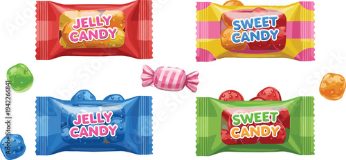 Colorful jelly and sweet candy packaging set with gummy sweets, wrapped candies and bright confectionery collection