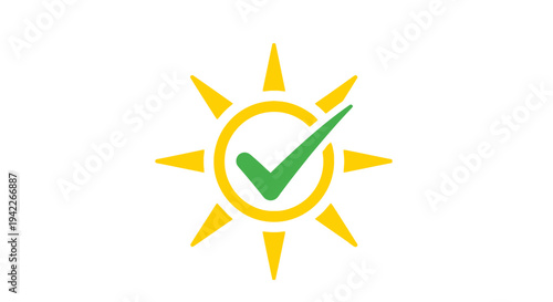 Green checkmark in sun symbol approval success.