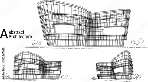 Professional black vector architecture technical study featuring side elevation and perspective views of undulating parametric commercial buildings