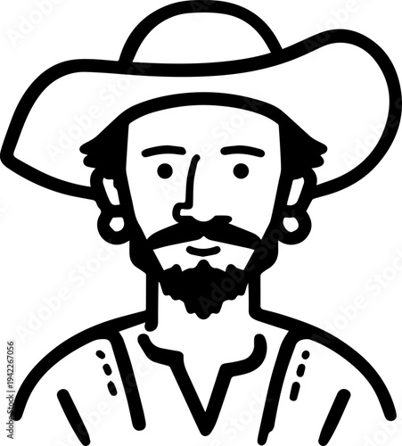 Hand Drawn Male Pirate Black and White Avatar Illustration in Minimal Line Art Style Design