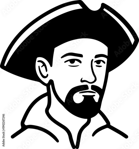 Hand Drawn Male Pirate Black and White Avatar Illustration in Minimal Line Art Style Design