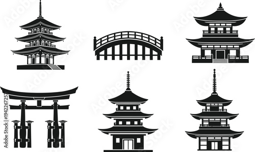 Japanese architecture silhouette vector collection featuring pagoda temples torii gate and traditional bridge isolated on white background for travel culture design projects
